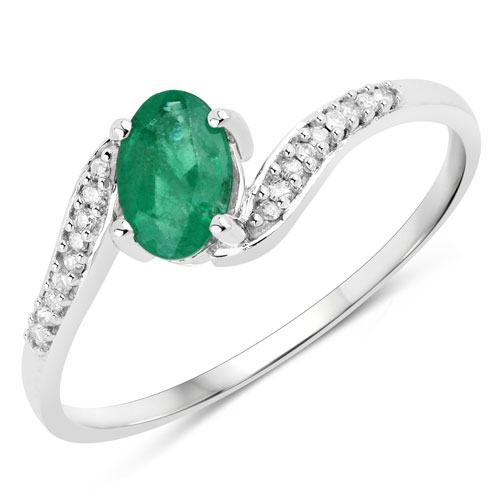 Emerald-0.49 Carat Genuine Zambian Emerald and White Diamond 14K White Gold Ring