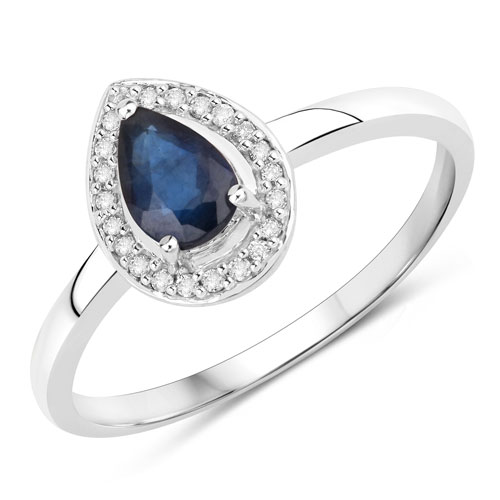 Sapphire-0.48 Carat Genuine Blue Sapphire and White Diamond 14K White Gold Ring
