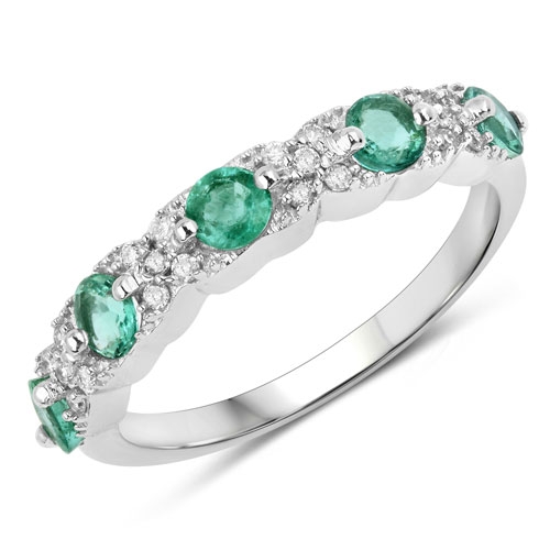 Emerald-0.69 Carat Genuine Zambian Emerald and White Diamond 14K White Gold Ring