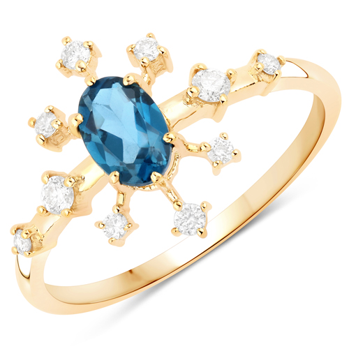 Rings-0.69 Carat Genuine London Blue Topaz and White Diamond 14K Yellow Gold Ring
