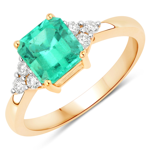 Emerald-1.73 Carat Genuine Zambian Emerald and White Diamond 14K Yellow Gold Ring