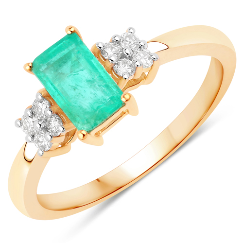 Emerald-0.82 Carat Genuine Zambian Emerald and White Diamond 14K Yellow Gold Ring