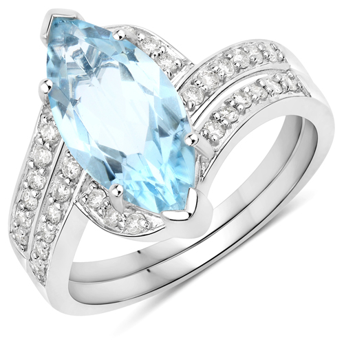 Rings-2.77 Carat Genuine Aquamarine and White Diamond 14K White Gold Ring