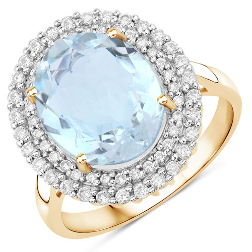 Rings-4.46 Carat Genuine Aquamarine and White Diamond 14K Yellow Gold Ring
