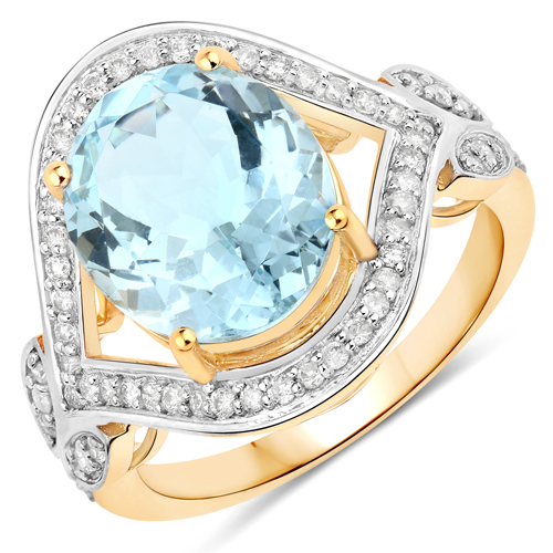 Rings-4.44 Carat Genuine Aquamarine and White Diamond 14K Yellow Gold Ring