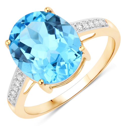 Rings-4.92 Carat Genuine Sky Blue Topaz and White Diamond 10K Yellow Gold Ring