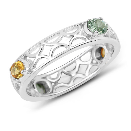 Sapphire-0.88 Carat Genuine Green Sapphire and Orange Sapphire .925 Sterling Silver Ring