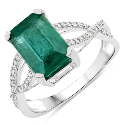Emerald-3.77 Carat Genuine Zambian Emerald and White Diamond 14K White Gold Ring