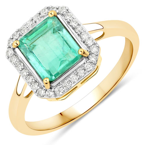 Emerald-1.56 Carat Genuine Colombian Emerald and White Diamond 14K Yellow Gold Ring