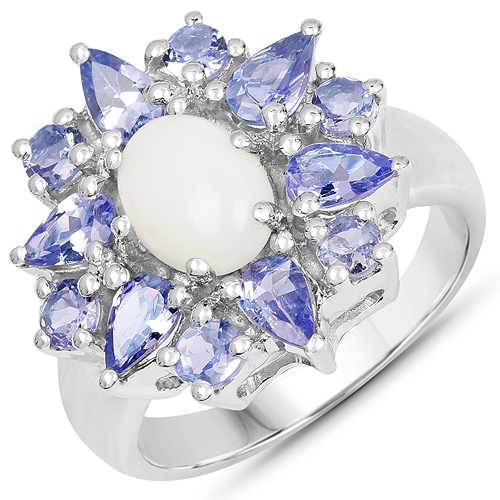 Opal-2.72 Carat Genuine Opal and Tanzanite .925 Sterling Silver Ring