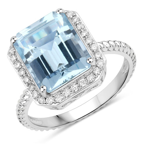Rings-4.13 Carat Genuine Aquamarine and White Diamond 14K White Gold Ring