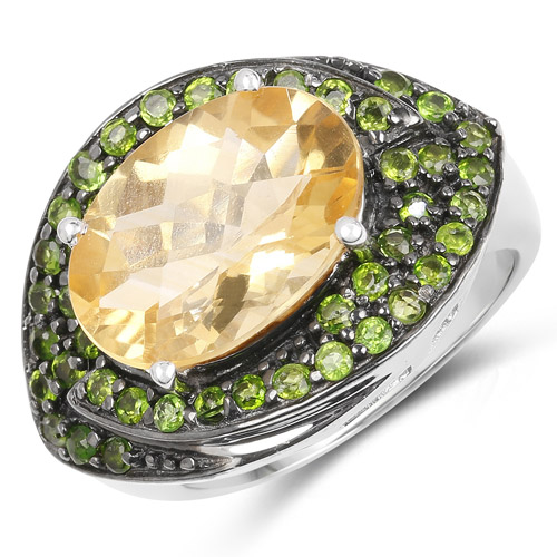 Citrine-6.11 Carat Genuine Citrine and Chrome Diopside .925 Sterling Silver Ring