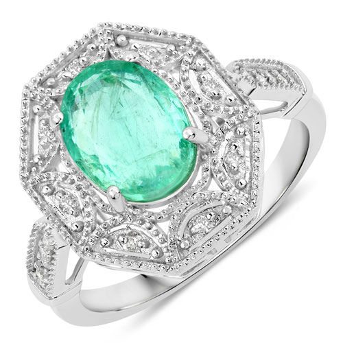 Emerald-2.40 Carat Genuine Colombian Emerald and White Diamond 14K White Gold Ring