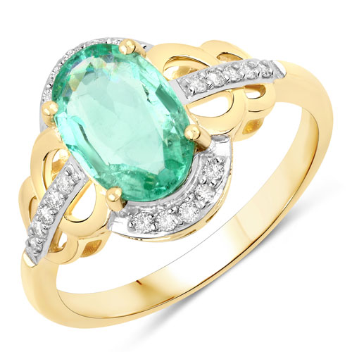 Emerald-1.83 Carat Genuine Colombian Emerald and White Diamond 14K Yellow Gold Ring