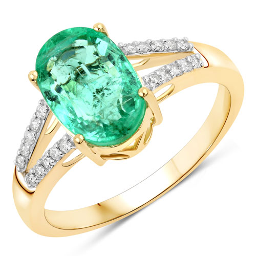 Emerald-2.37 Carat Genuine Colombian Emerald and White Diamond 14K Yellow Gold Ring