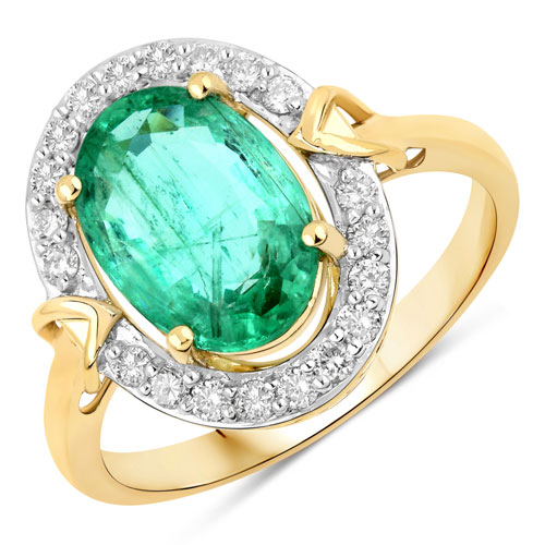 Emerald-4.58 Carat Genuine Colombian Emerald and White Diamond 14K Yellow Gold Ring