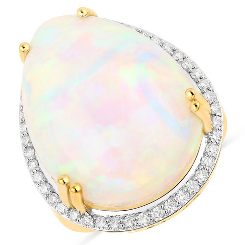 Opal-19.93 Carat Genuine Ethiopian Opal and White Diamond 14K Yellow Gold Ring