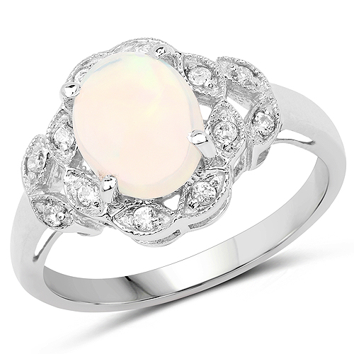 Opal-1.95 Carat Genuine Ethiopian Opal and White Cubic Zirconia .925 Sterling Silver Ring