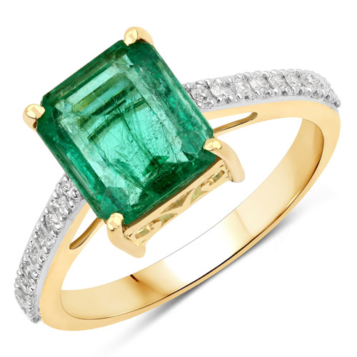 Emerald-2.76 Carat Genuine Zambian Emerald and White Diamond 14K Yellow Gold Ring