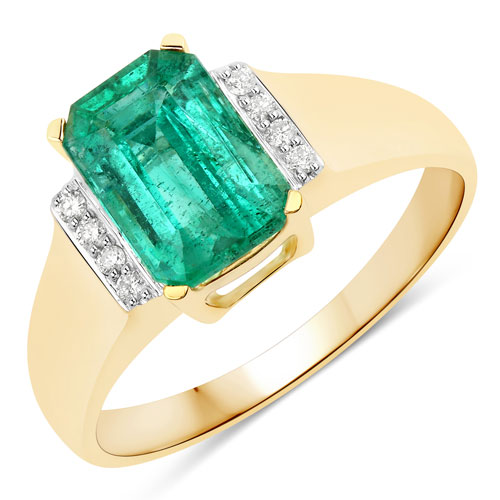Emerald-1.89 Carat Genuine Zambian Emerald and White Diamond 14K Yellow Gold Ring