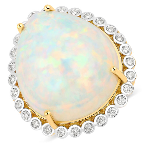 Opal-24.85 Carat Genuine Ethiopian Opal and White Diamond 14K Yellow Gold Ring