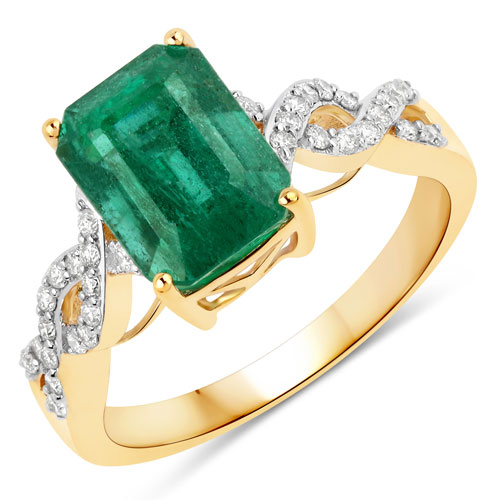 Emerald-3.20 Carat Genuine Zambian Emerald and White Diamond 14K Yellow Gold Ring