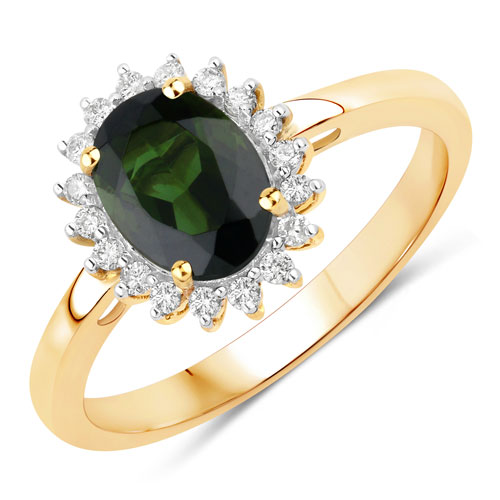 Rings-1.37 Carat Genuine Green Tourmaline and White Diamond 14K Yellow Gold Ring