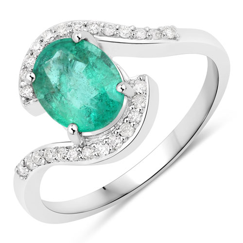 Emerald-1.52 Carat Genuine Zambian Emerald and White Diamond 14K White Gold Ring