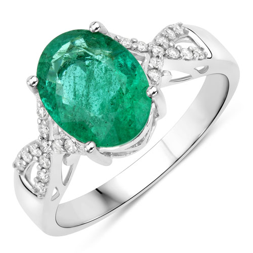 Emerald-2.56 Carat Genuine Zambian Emerald and White Diamond 14K White Gold Ring