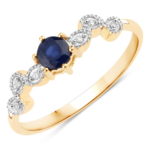 Sapphire-0.30 Carat Genuine Blue Sapphire and White Diamond 10K Yellow Gold Ring