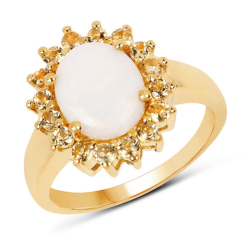 14K Yellow Gold Plated 2.60 Carat Genuine Opal and Citrine .925 Sterling Silver Ring