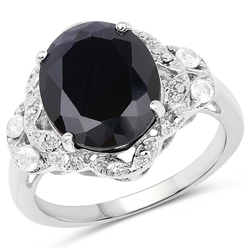 Sapphire-5.41 Carat Genuine Black Sapphire and White Topaz .925 Sterling Silver Ring