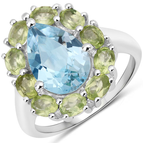 Rings-5.20 Carat Genuine Blue Topaz and Peridot .925 Sterling Silver Ring