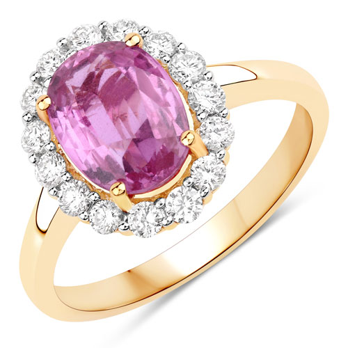 Sapphire-3.33 Carat Genuine Pink Sapphire and White Diamond 14K Yellow Gold Ring