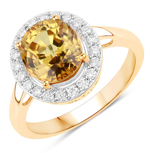 Sapphire-3.59 Carat Genuine Yellow Sapphire and White Diamond 14K Yellow Gold Ring