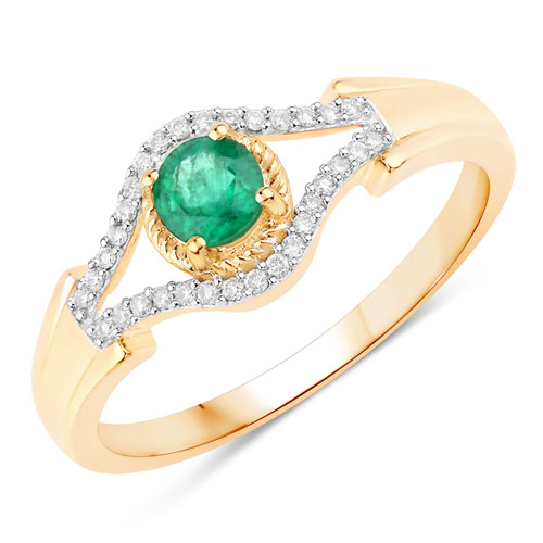 Emerald-0.32 Carat Genuine Zambian Emerald And White Diamond 10K Yellow Gold Ring
