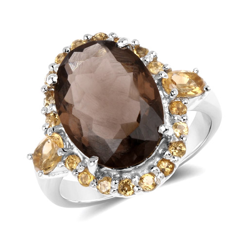 Rings-6.72 Carat Genuine Smoky Quartz and Citrine .925 Sterling Silver Ring