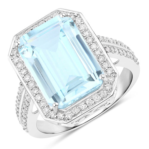Rings-5.85 Carat Genuine Aquamarine and White Diamond 14K White Gold Ring