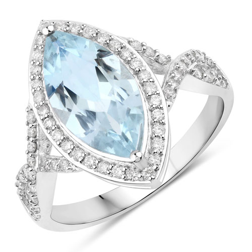 Rings-2.24 Carat Genuine Aquamarine and White Diamond 14K White Gold Ring