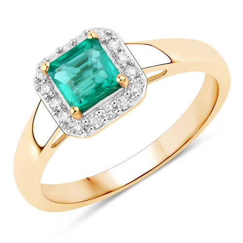 Emerald-0.77 Carat Genuine Zambian Emerald and White Diamond 14K Yellow Gold Ring