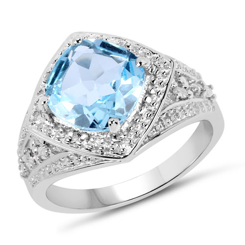 Rings-3.50 Carat Genuine Blue Topaz and White Diamond .925 Sterling Silver Ring