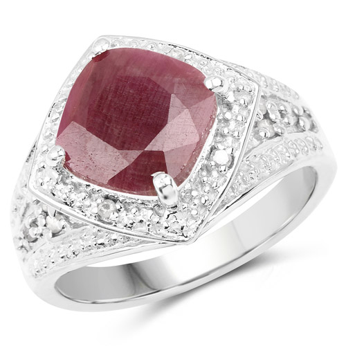Ruby-3.81 Carat Genuine Ruby and White Diamond .925 Sterling Silver Ring