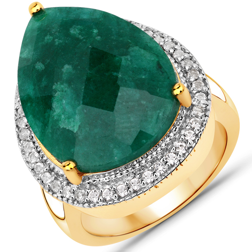 Emerald-10.60 Carat Dyed Emerald and White Topaz .925 Sterling Silver Ring