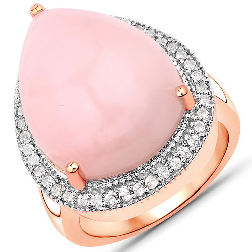 Rings-18K Rose Gold Plated 15.03 Carat Genuine Pink Opal and White Topaz .925 Sterling Silver Ring