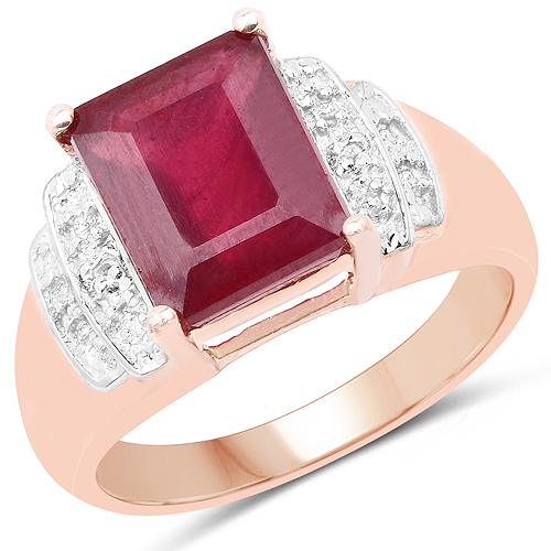 14K Rose Gold Plated 4.26 Carat Genuine Glass Filled Ruby and White Topaz .925 Sterling Silver Ring