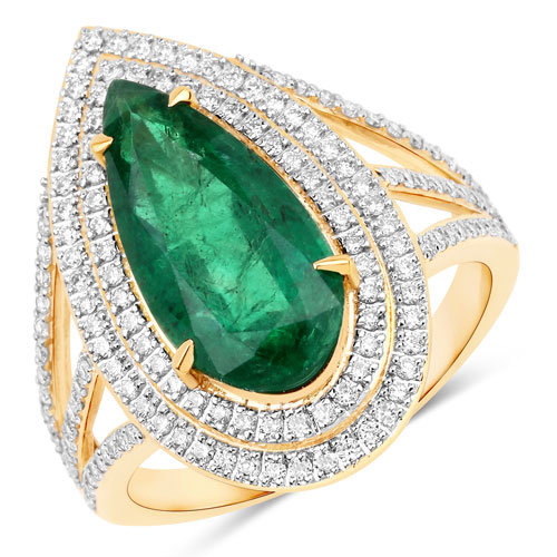 Emerald-IGI Certified 3.98 Carat Genuine Zambian Emerald and White Diamond 14K Yellow Gold Ring