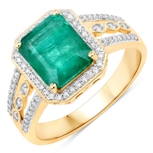Emerald-IGI Certified 2.46 Carat Genuine Zambian Emerald and White Diamond 14K Yellow Gold Ring