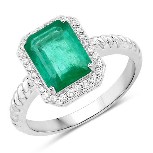 Emerald-IGI Certified 2.22 Carat Genuine Zambian Emerald and White Diamond 14K White Gold Ring