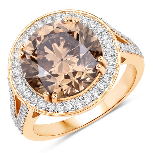 Diamond-IGI Certified 7.07 Carat Genuine Brown Diamond Center and 0.64cttw White Diamond 18K Yellow Gold Ring (7.71cttw)