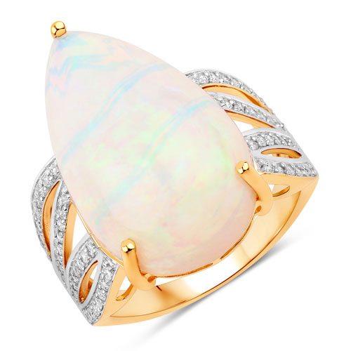 Opal-11.99 Carat Genuine Ethiopian Opal and White Diamond 14K Yellow Gold Ring